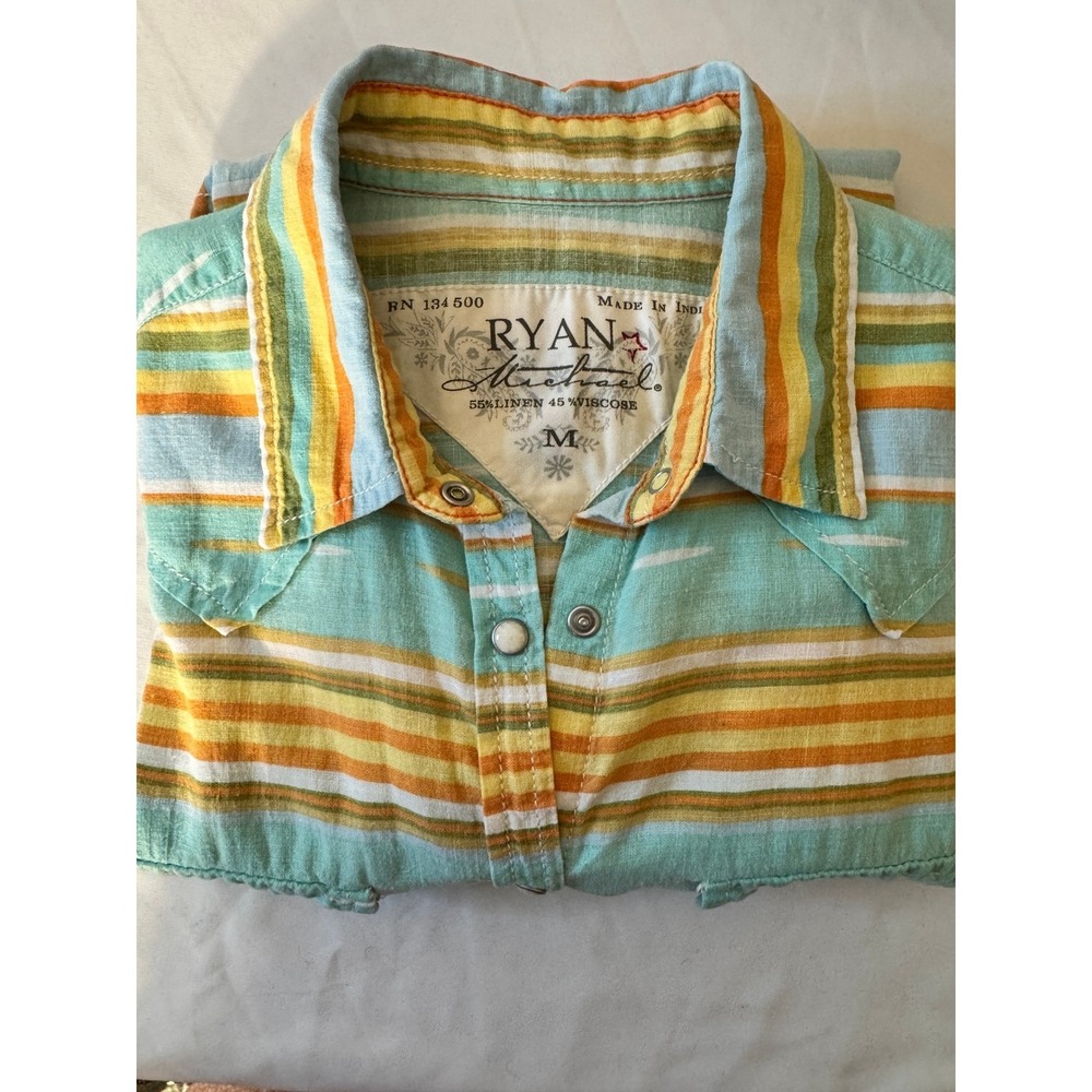 Ryan Michael Western Snap Shirt Womens M Teal Orange Stripe Linen Blend - Picture 4 of 10